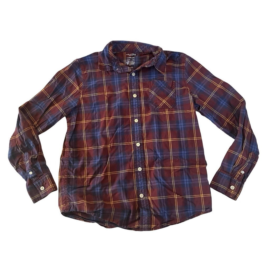 Arizona Jean Co Boy's‎ Size L 14H-16H Husky Plaid Shirt Button Up Maroon Mustard